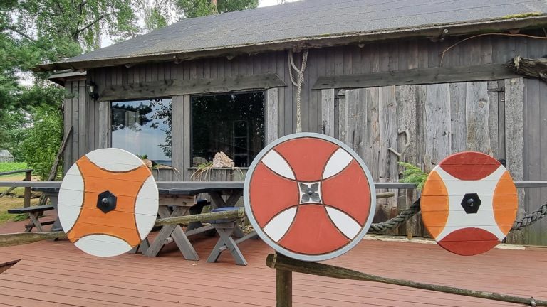 Rakin Kotkalle on rakennettu saaristokylä, joka on koristeltu viikinkiaiheisesti. Kuva: Päivi Arvonen