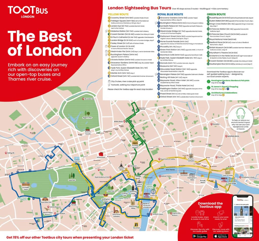 Lontoon kartta, jolla näkyy Tootbusin kolme pääreittiä.